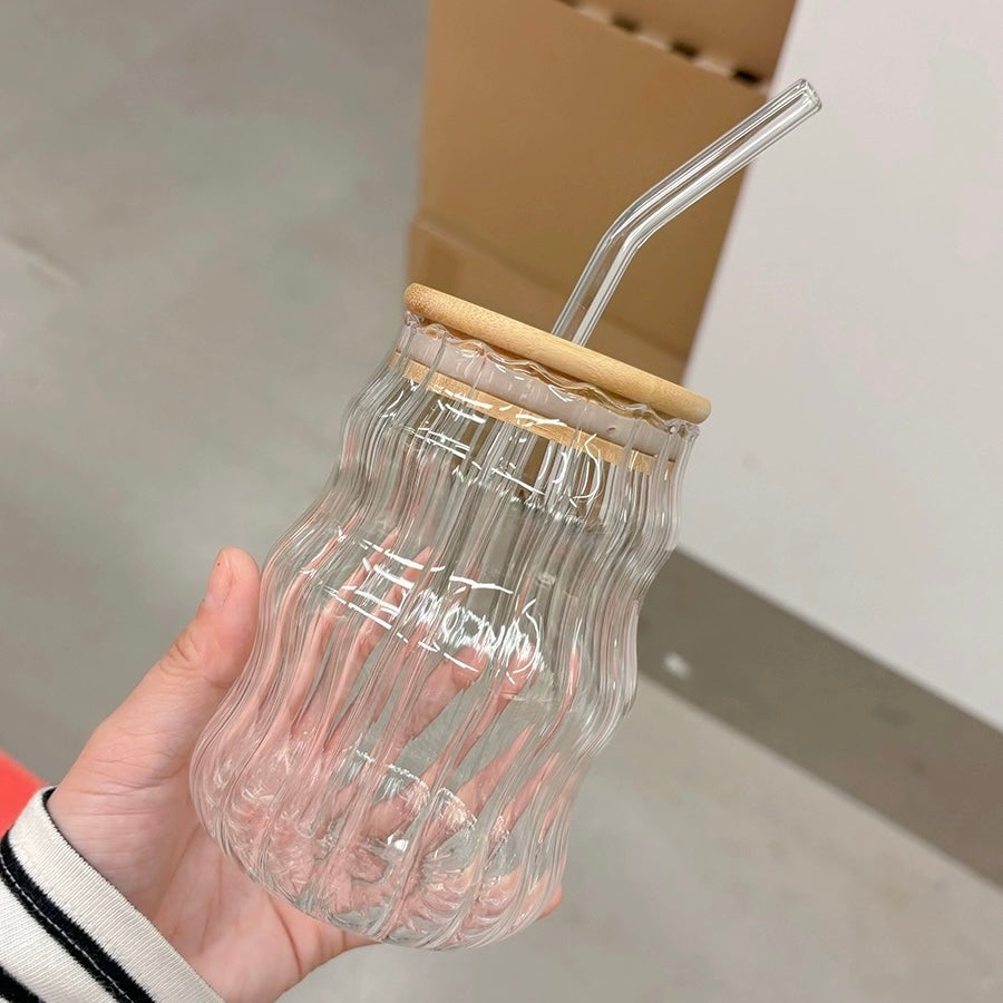 Cloud Striped Glass Straw Cup, 550ML Capacity