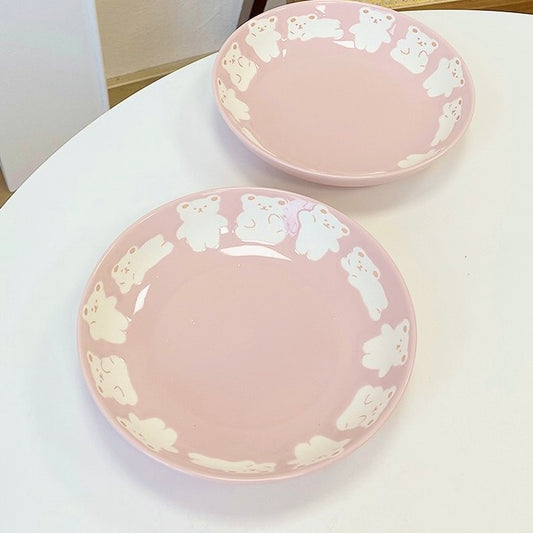 Pink Bear Ceramic Plate | 8-Inch Matte Bear Design, Perfect for Saucy Dishes