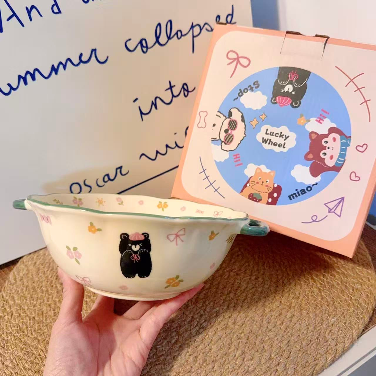 Floral Black Bear Ceramic Soup Bowl with Handles - 900ML