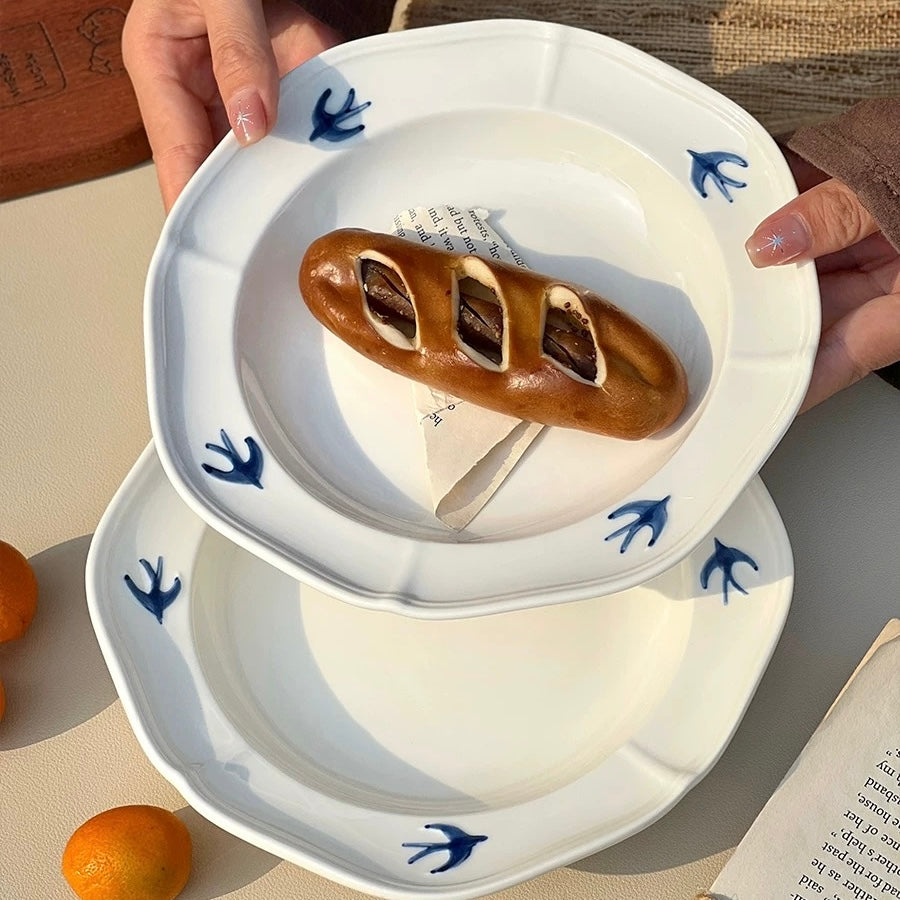 Japanese Hand-Painted Swallow Deep Ceramic Plate