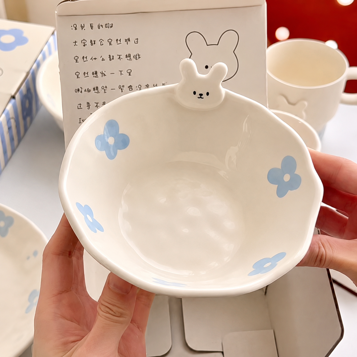 Hand-Painted Flower Bunny Ceramic Yogurt Bowl – 400ML