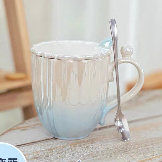 Seashell Pearl Glaze Ceramic Mug with Lid & Spoon - 400ML