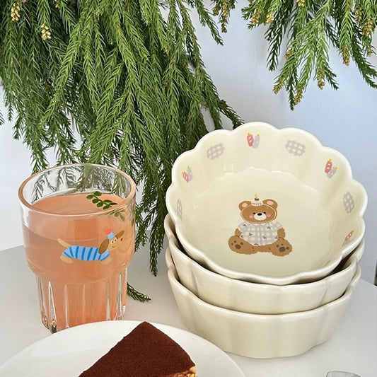 Adorable Bear Pattern Ceramic Salad Bowl | Lace-Like Design, Underglaze Technique