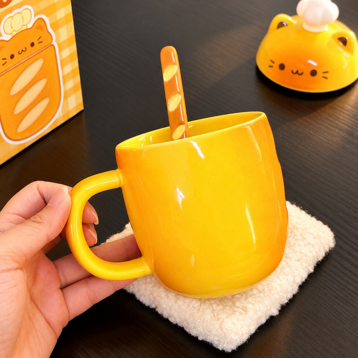 Baguette Cat Ceramic Mug with Lid & Spoon – 350ML