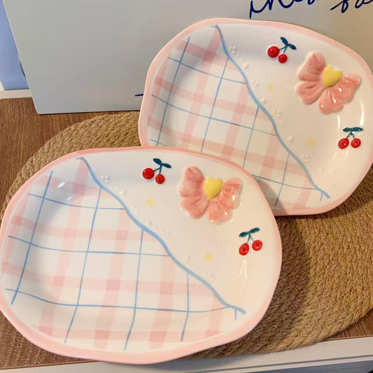 Pastel Pink Bow Ceramic Rectangular Plate, 9.8-Inch