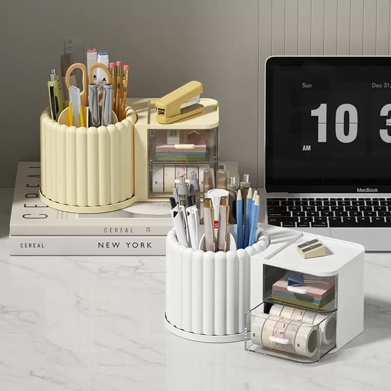 Cream Ribbed Rotating Pen Holder with Drawer Organizer - 2 Colors