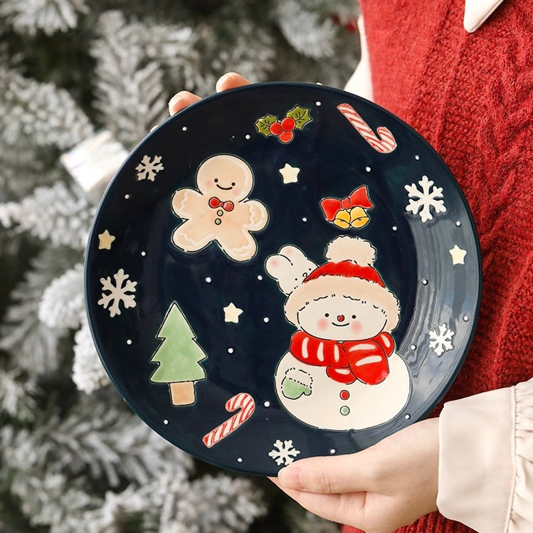 Hand-painted Christmas ceramic plate with snowman in navy blue, 21CM diameter