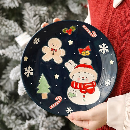 Hand-painted Christmas ceramic plate with snowman in navy blue, 21CM diameter