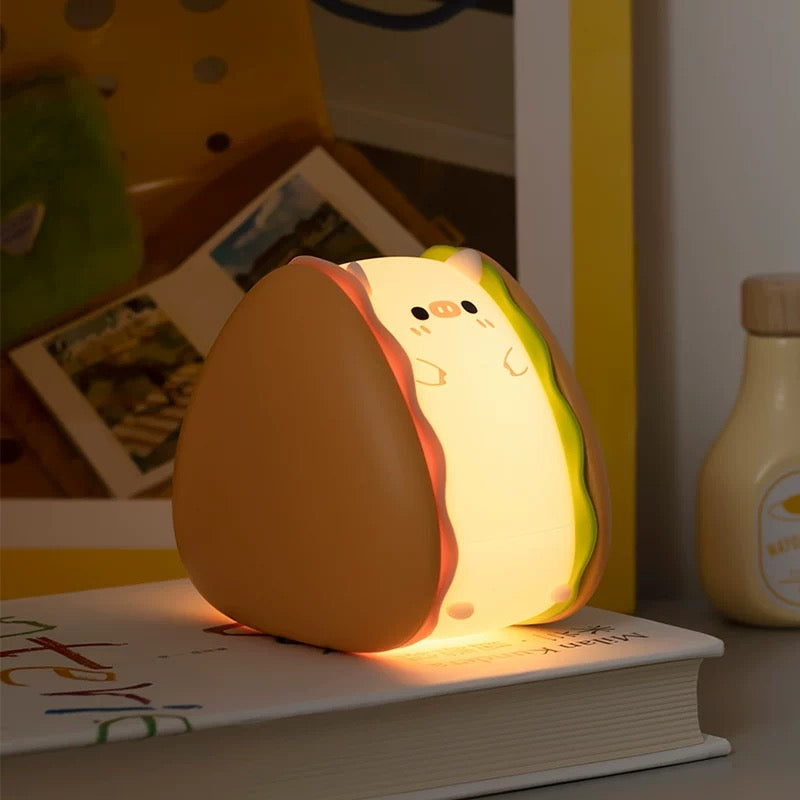 Hamburger Pig Tap-On Night Light | Cute Silicone Design with Adjustable Brightness and Timer