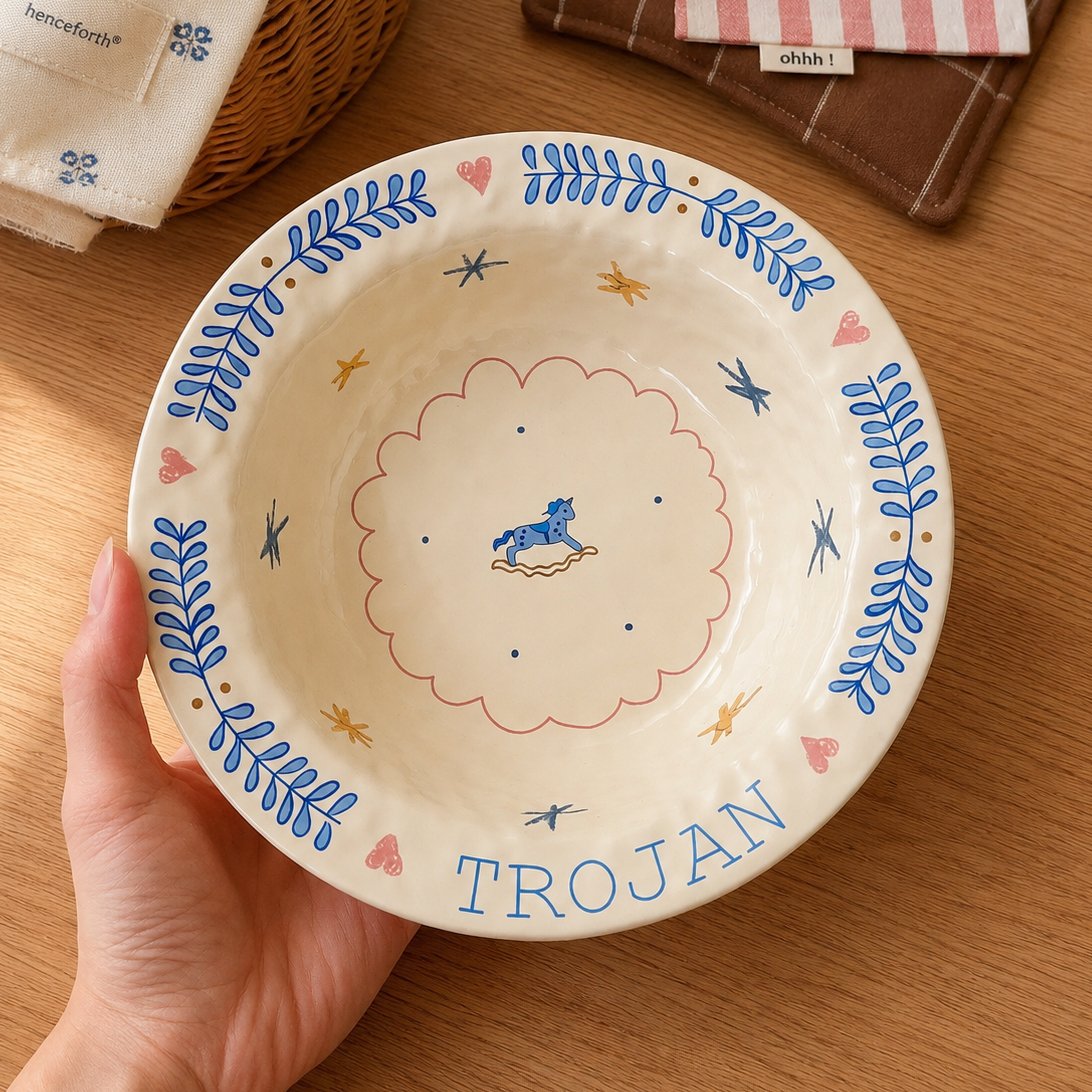 Trojan Blue Horse Ceramic Pasta Plate, 7.6-Inch