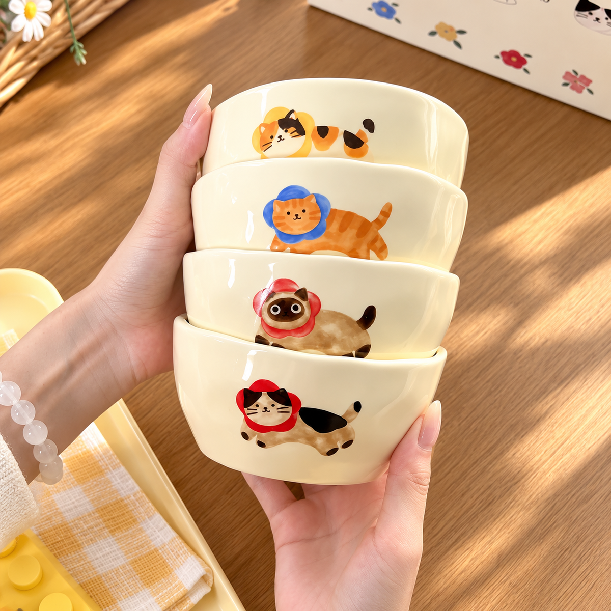 Cats & Flowers Ceramic Bowl Gift Set – Set of 4