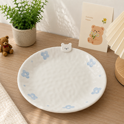 Hand-Painted Flower Bunny Ceramic Dessert Plate, 8-inch
