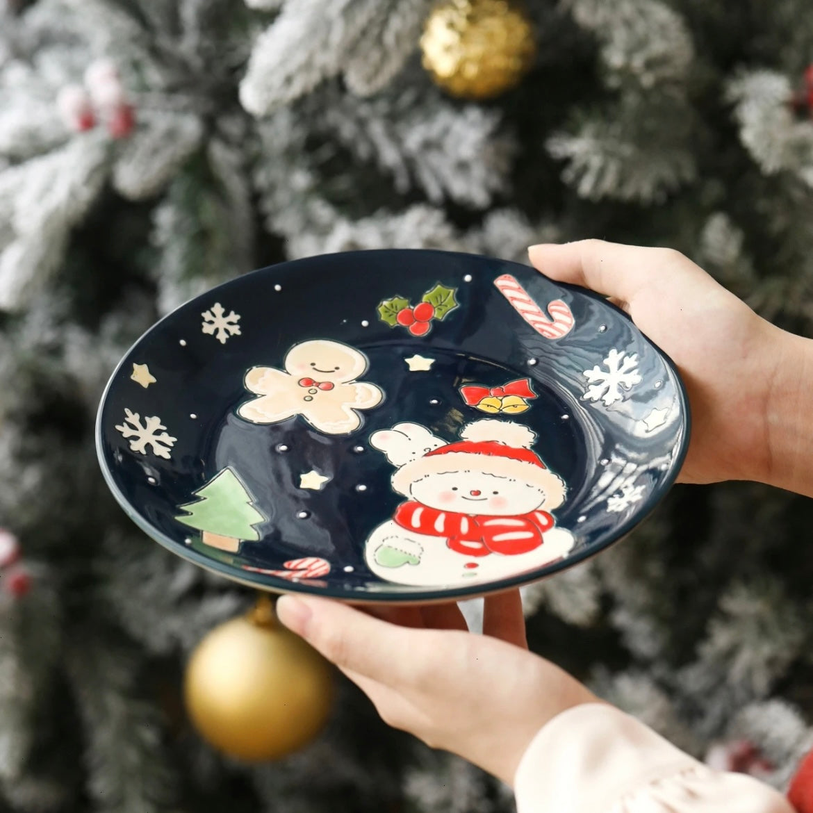 Hand-painted Christmas ceramic plate with snowman in navy blue, 21CM diameter
