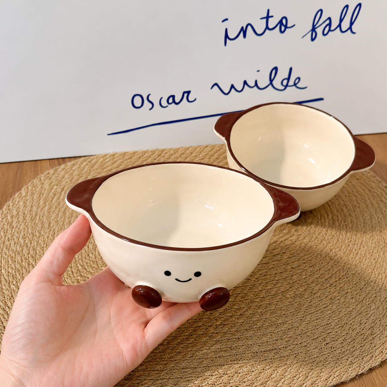 Hand-Painted Cocoa Bean Ceramic Yogurt Bowl with Handles - 480ML