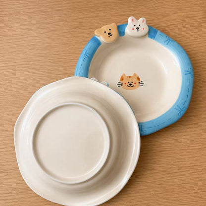 Hand-Painted Bunny & Bear Cute Ceramic Deep Plate, 8-Inch