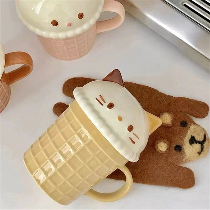 Bunny & Cat Ice Cream Cone Ceramic Mug with Lid, 260ML