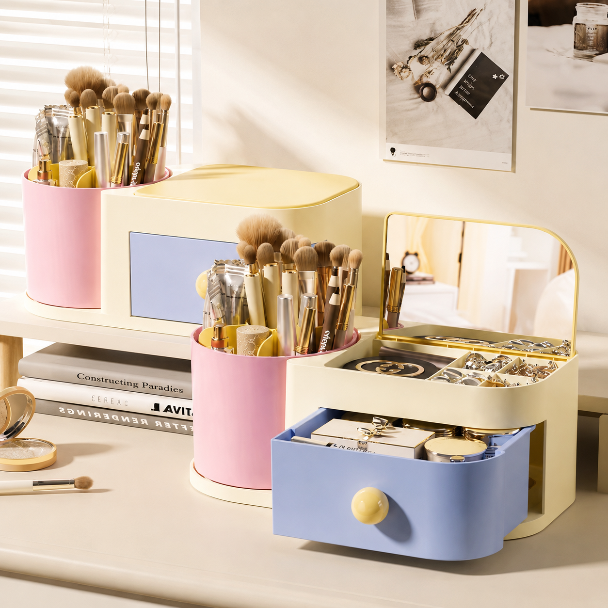 Pink & Blue Rotating Makeup Brush & Jewellery Drawer Organiser