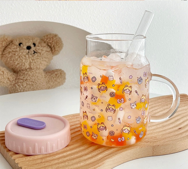 Cute Girl Glass Cup with Straw & Lid - 700ML