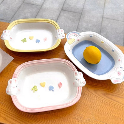 Hand-Painted Bunny Double-Handled Plates - Pastel Colors, Cute Rabbit Design