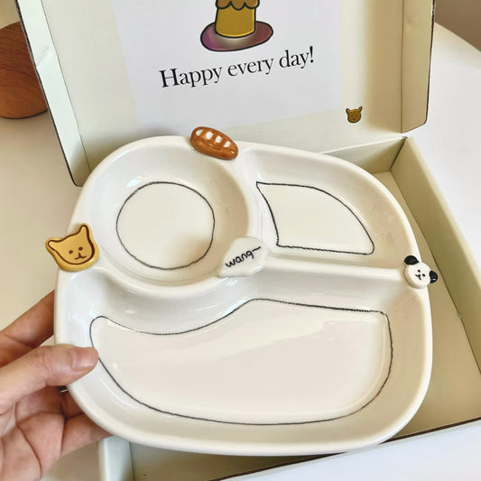 Hand-Painted Button Puppy Ceramic Divided Breakfast Plate, 8-Inch