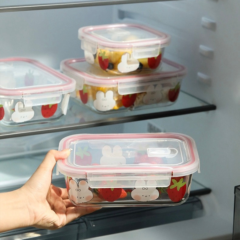Strawberry Bunny Glass Food Container - 850ML Bento Box