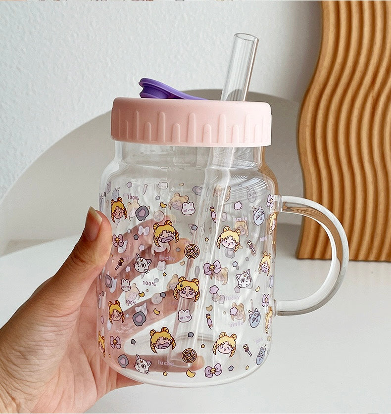 Cute Girl Glass Cup with Straw & Lid - 700ML