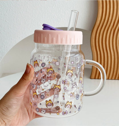 Cute Girl Glass Cup with Straw & Lid - 700ML