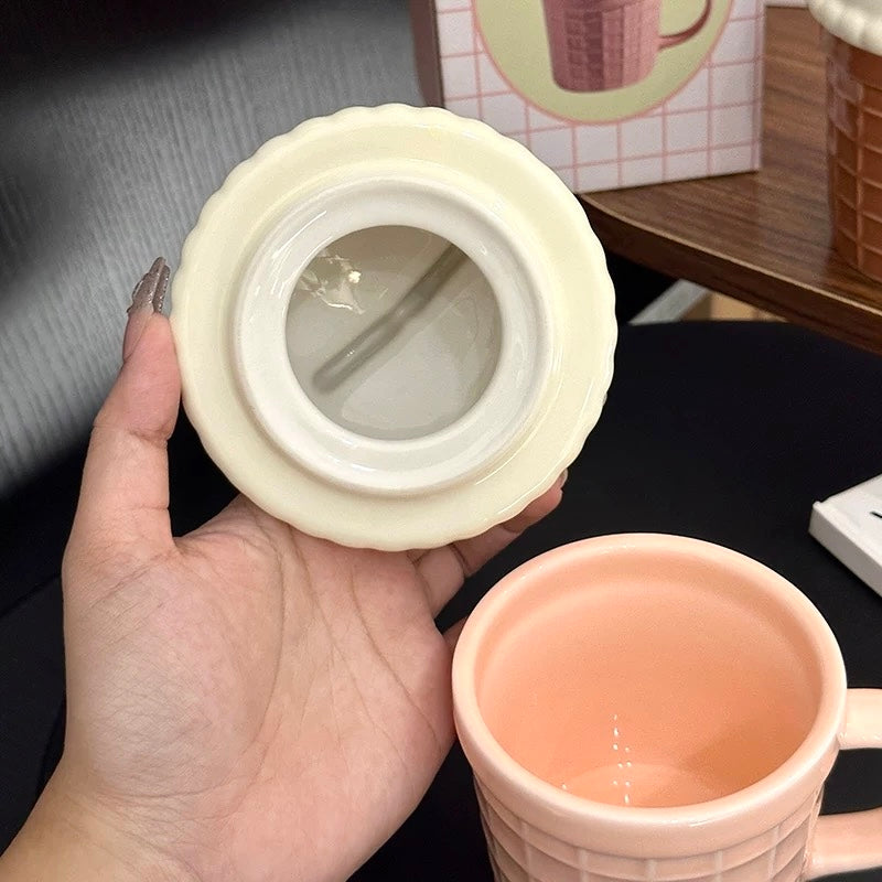 Bunny & Cat Ice Cream Cone Ceramic Mug with Lid, 260ML