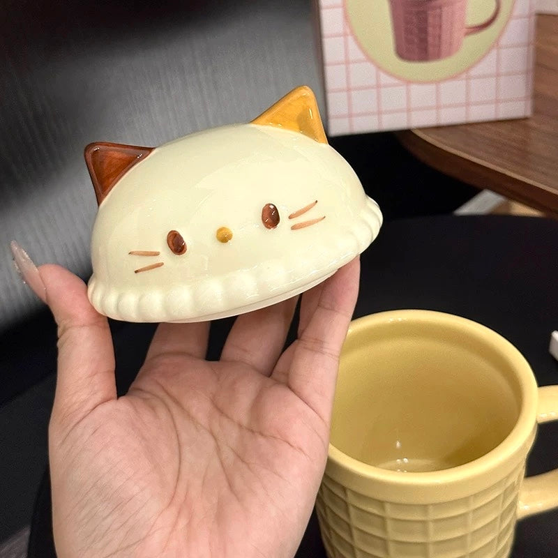 Bunny & Cat Ice Cream Cone Ceramic Mug with Lid, 260ML