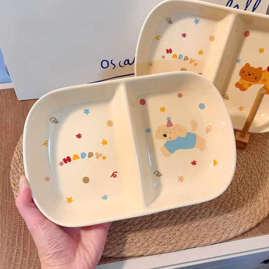 Cute Cat & Dog Ceramic Divided Breakfast Plate, 9.4-Inch