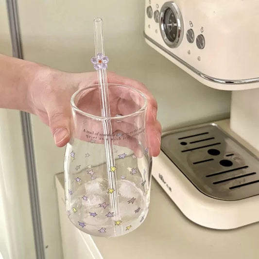 Colorful Star Glass Pitcher with Flower Straw - 450ML