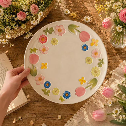 Hand-Painted Vintage Floral Ceramic Serving Plate, 10-Inch