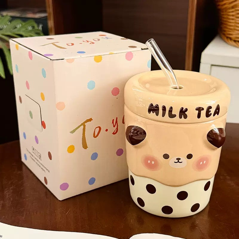 Bear & Piggy Milk Tea Ceramic Cup with Straw – 500ML