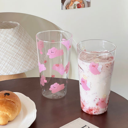 Pink Pig & Bunny Tall Glass Cup – 450ML Capacity