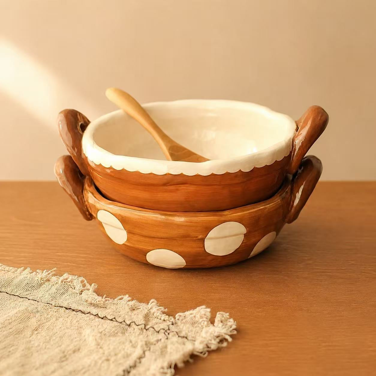 Vintage Handcrafted Ceramic Ramen Bowl with Handles - 800ML