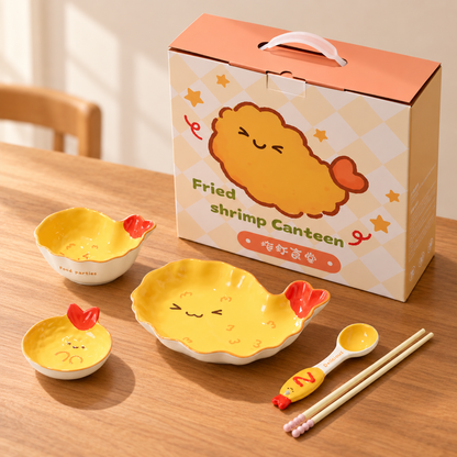 Hand-Painted Fried Shrimp Ceramic Tableware Gift Set – Set of 5