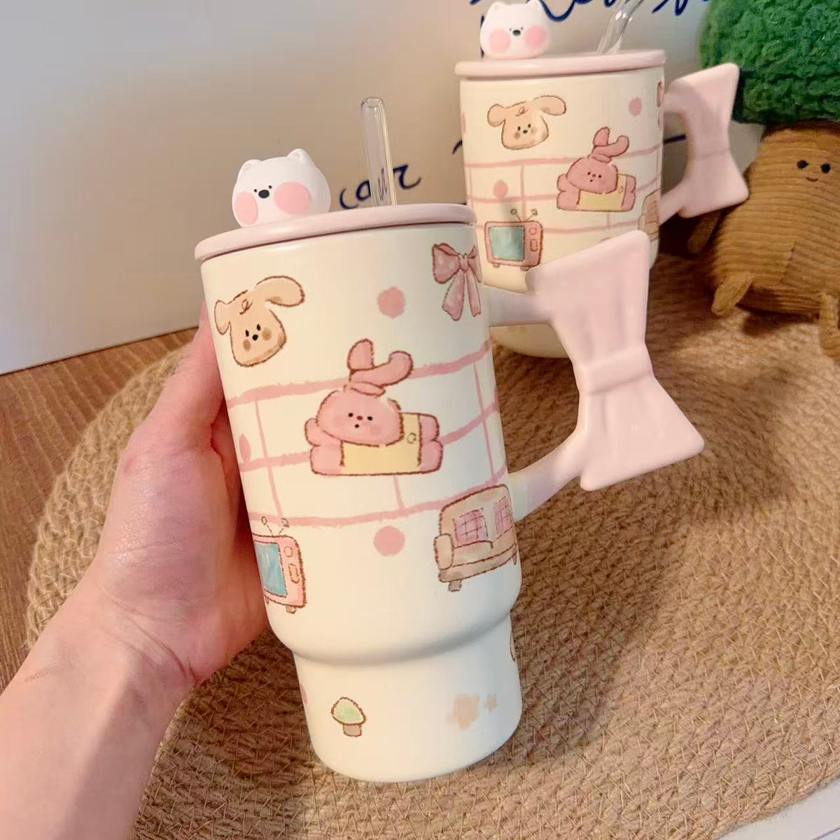 Pink Rabbit Cup Bow Bunny Ceramic Cup with Straw & Lid - 2 Sizes - Cute Pink Design ...