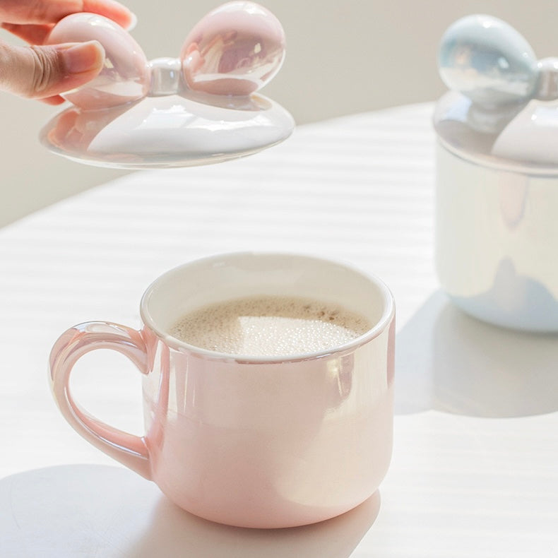 Pearl Glaze Bow Ceramic Mug with Lid | 380ml Fairy-Inspired Mug