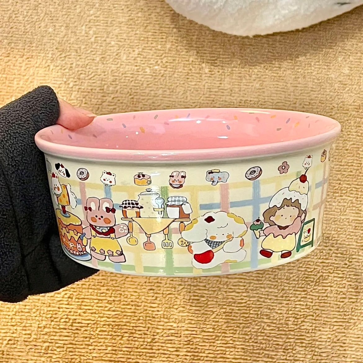 Pink ceramic salad bowls stacked showing Westie café, panda picnic, and piggy bakery designs, 600ML