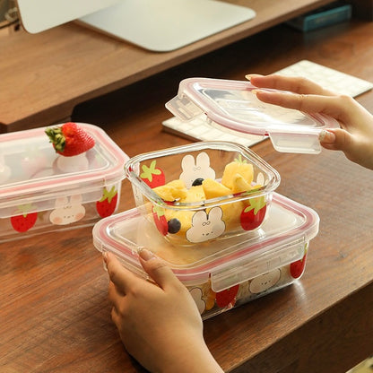 Strawberry Bunny Glass Food Container - 850ML Bento Box