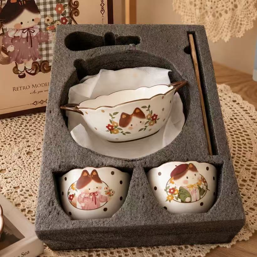 Retro Modern Cat Ceramic Dinnerware Gift Set - Set of 9
