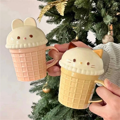 Bunny & Cat Ice Cream Cone Ceramic Mug with Lid, 260ML