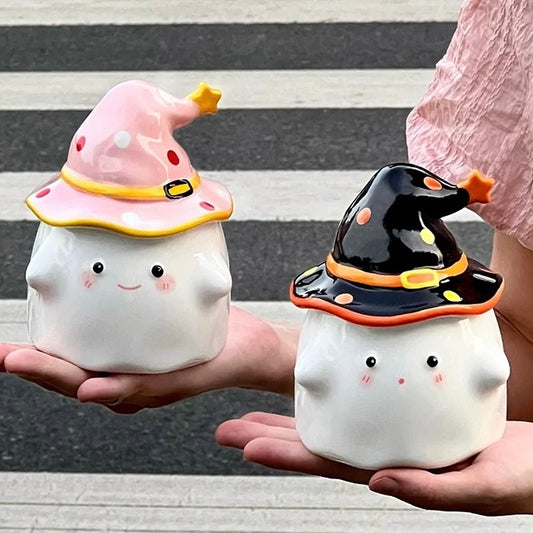 Cute Ghost Ceramic Mug with Wizard Hat Lid | 350ml Capacity, Perfect for Couples