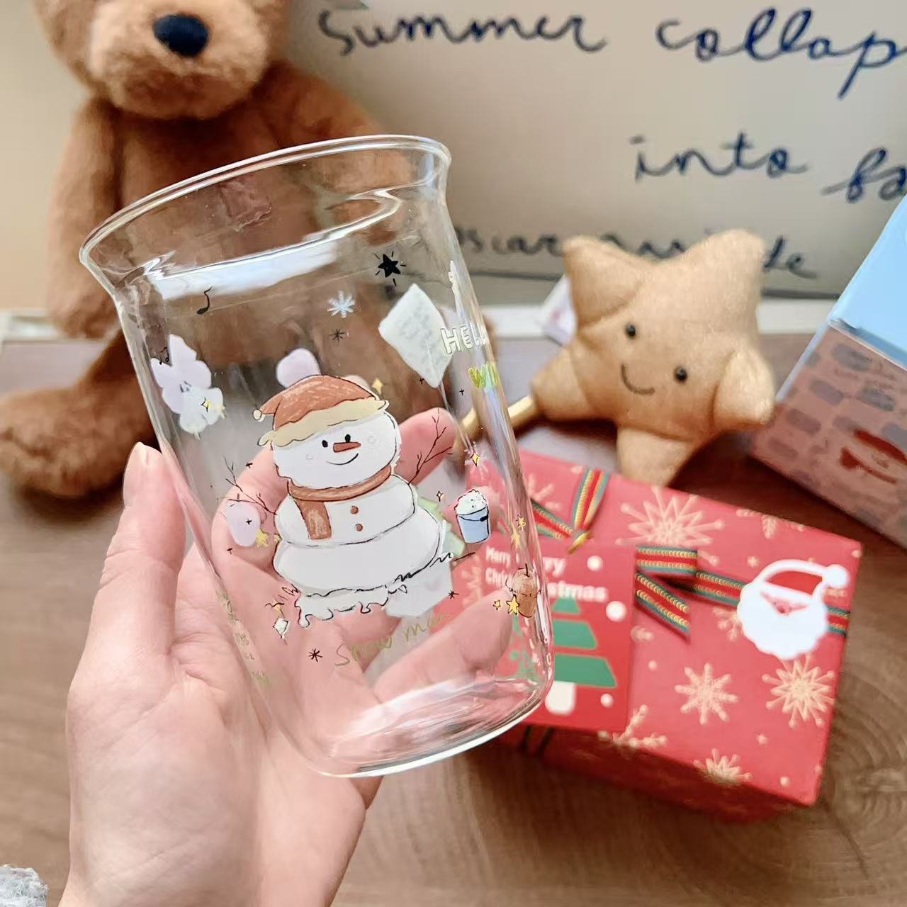 Christmas snowman glass cup with Snow man design and hot drink bucket, 350ML