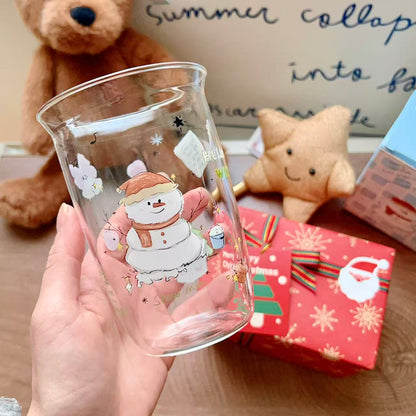 Christmas snowman glass cup with Snow man design and hot drink bucket, 350ML