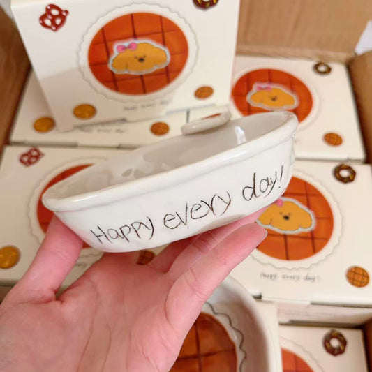 Hand-Painted Caramel Kitty Ceramic Oval Bowl - 175ML