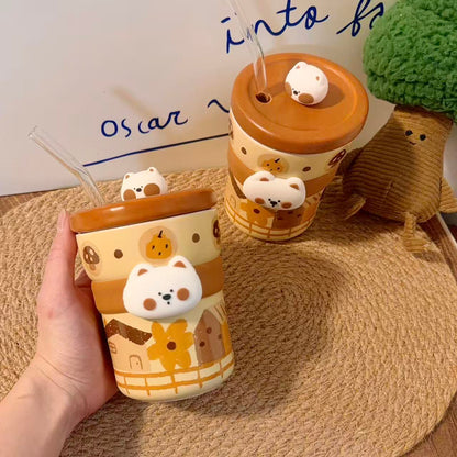 Caramel Westie Ceramic Straw Cup with Lid - 350ML