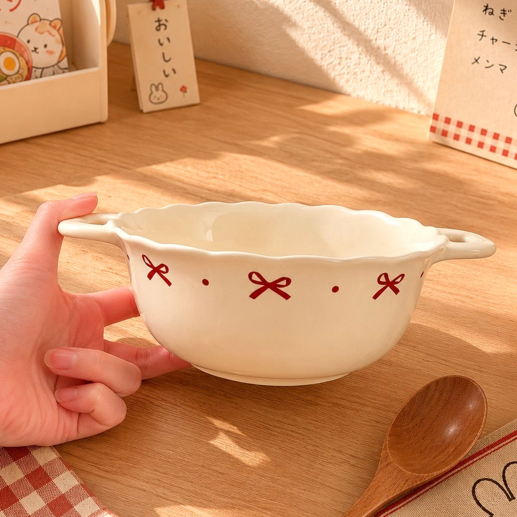 Red Bow Double-Handled Ceramic Soup Bowl – 750ML