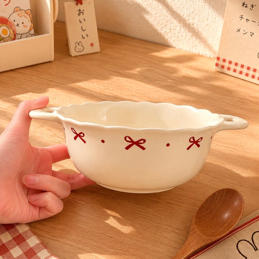 Red Bow Double-Handled Ceramic Soup Bowl – 750ML