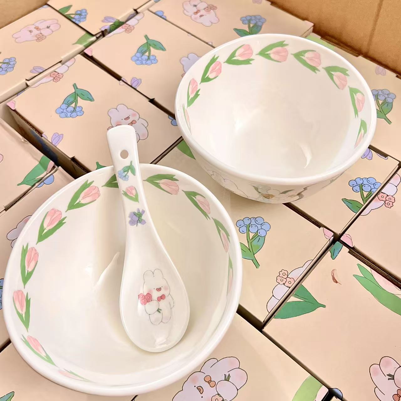 Handcrafted Bunny Ceramic Bowl & Spoon Set – 5.3” with Gift Box
